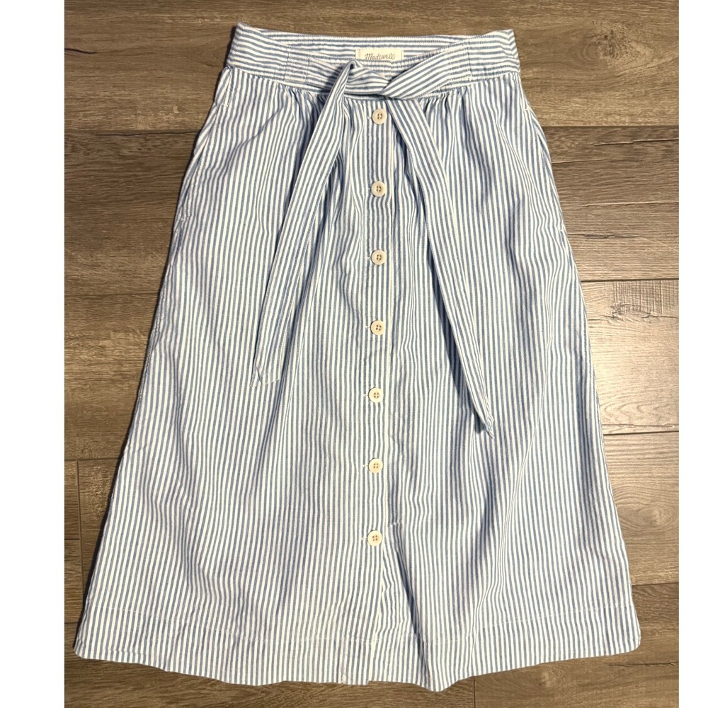 Madewell Tie Palisade Button Front Midi Skirt in Pilar Stripe Blue White Size 2